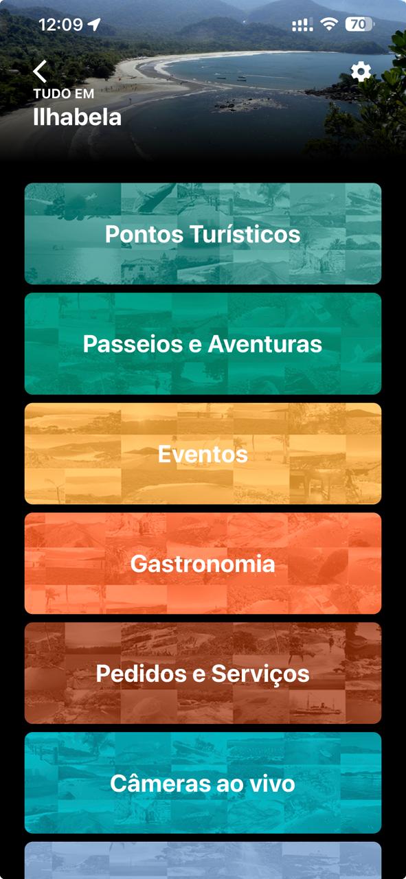 Tela do aplicativo Tudoem mostrando Pontos Turísticos, Eventos, Gastronomia, Pedidos e Serviços, Câmeras ao vivo e mais